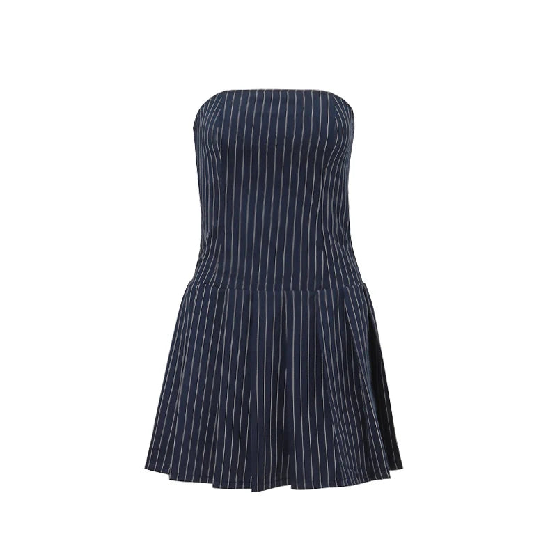 WhereMery Korean Women Fashion A-line Dress Y2K Sleeveless Slash-neck Pleated Stripe Dresses Spring Summer Elegant Slim Vestidos